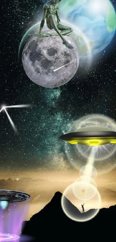 Alien sitting on moon with UFO in cosmic scene wallpaper.