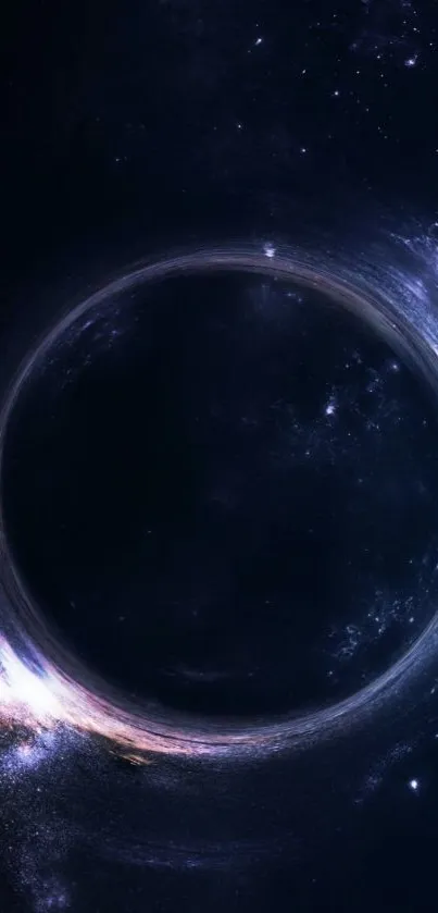 Dark blue space wallpaper featuring a black hole scene.