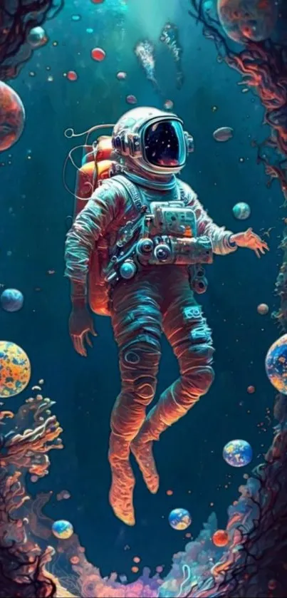 Mystical wallpaper of astronaut in vibrant cosmic setting.