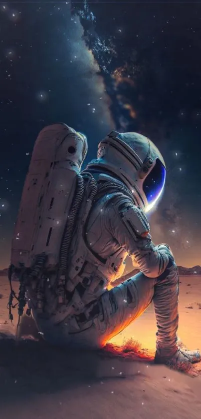 Astronaut sitting under a starry cosmos on a mystical night.