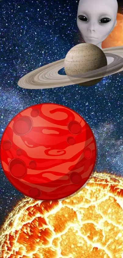 Alien and planets in a mystical space universe wallpaper.