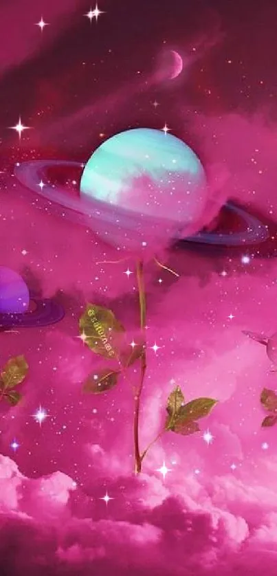 Mystical space flower in vivid pink hues with planets and cosmic elements.