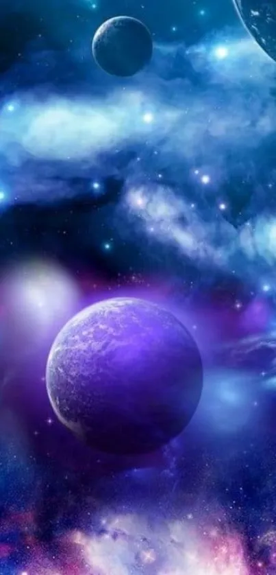 Mystical space wallpaper with planets and cosmic clouds in purple and blue.