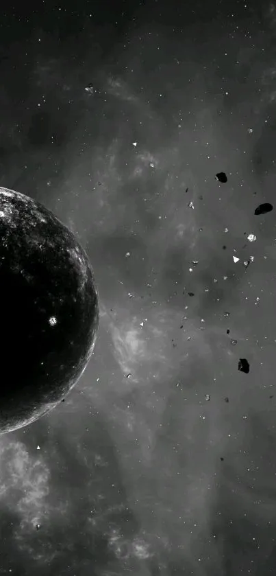 Dark gray wallpaper featuring a mysterious black planet in space with debris.