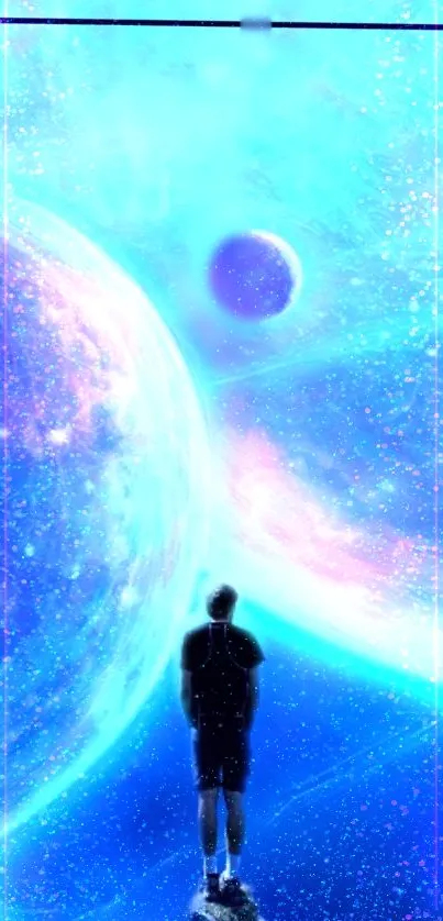 A blue galaxy mobile wallpaper with planets and a silhouetted figure gazing upward.