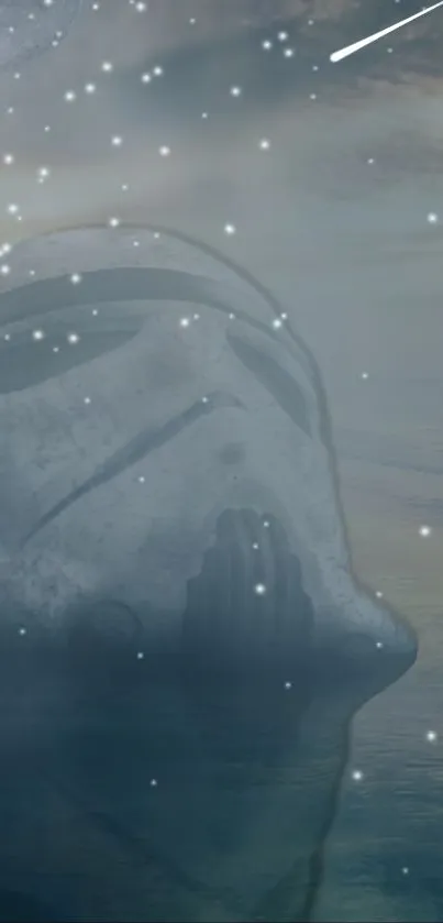 Helmet over starry space with mystical gray blue tones.