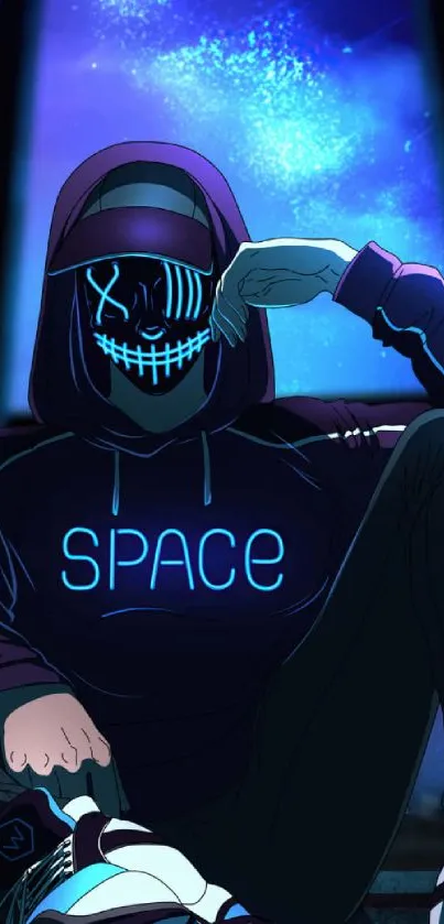 Animated figure in space hoodie with neon blue glow against a cosmic backdrop.