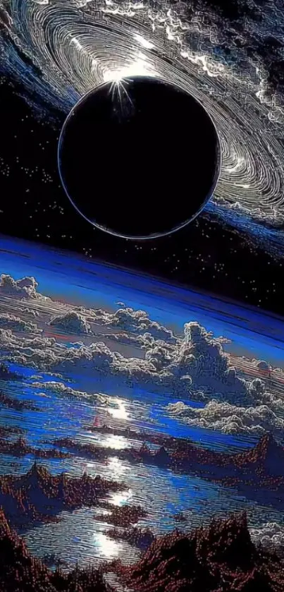 Mystical space art with eclipse and galaxy.