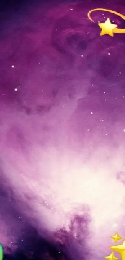 Purple galaxy mobile wallpaper with stars and cosmic elements.