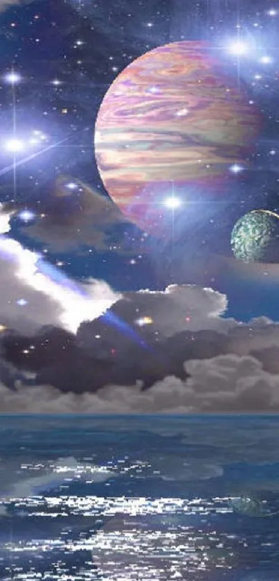 Mystical cosmic ocean with stars and planets reflecting on water.
