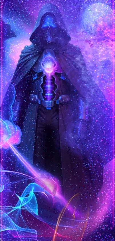 Futuristic space warrior with cosmic backdrop and vibrant colors.