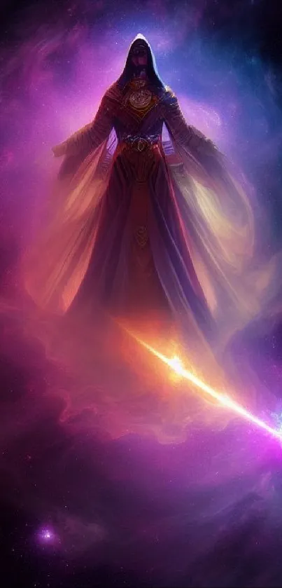 Mystical wizard floating in space with vibrant cosmic colors.