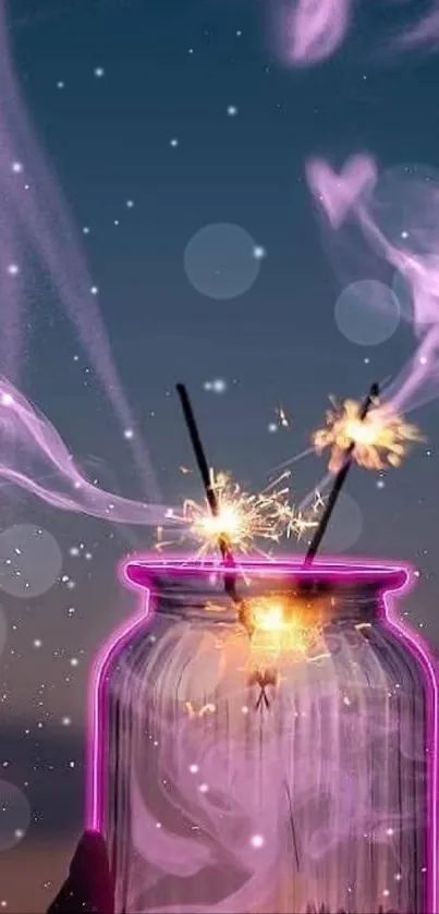 A jar with sparklers and pink smoke against a twilight sky, creating a mystical effect.