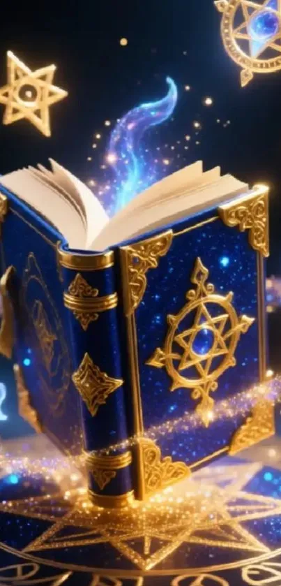 Open spellbook with glowing symbols and magical aura on a starry background.
