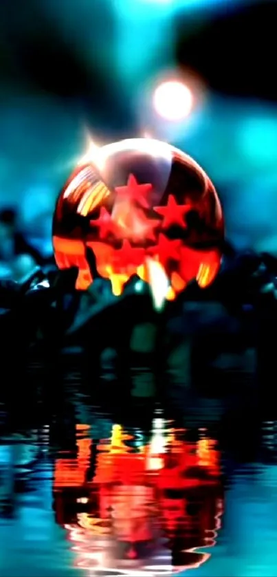 Mystical glowing sphere reflecting in water, vibrant mobile wallpaper.