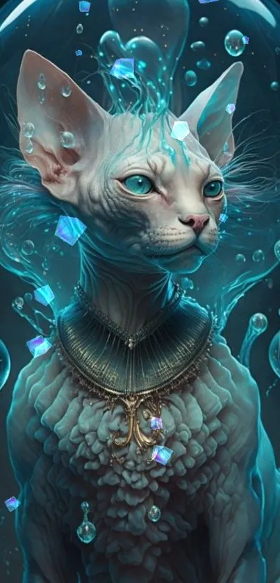 Mystical Sphynx cat with crystal elements in fantasy art style.