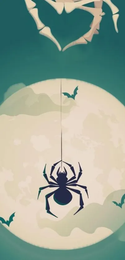 Spider silhouetted against a full moon surrounded by flying bats.