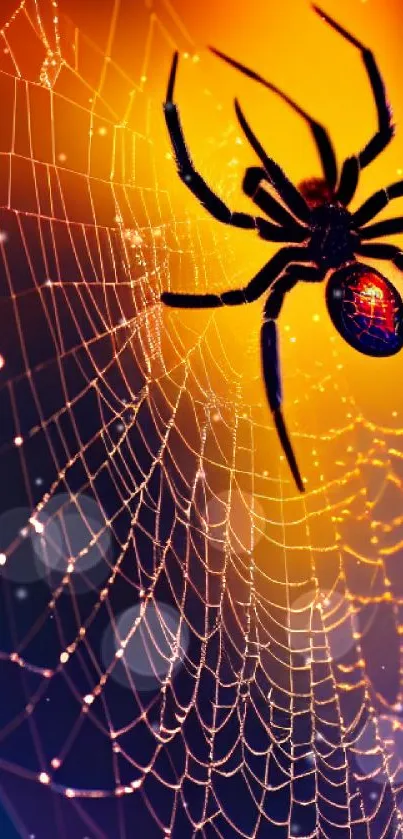 Spider on web with orange backdrop.