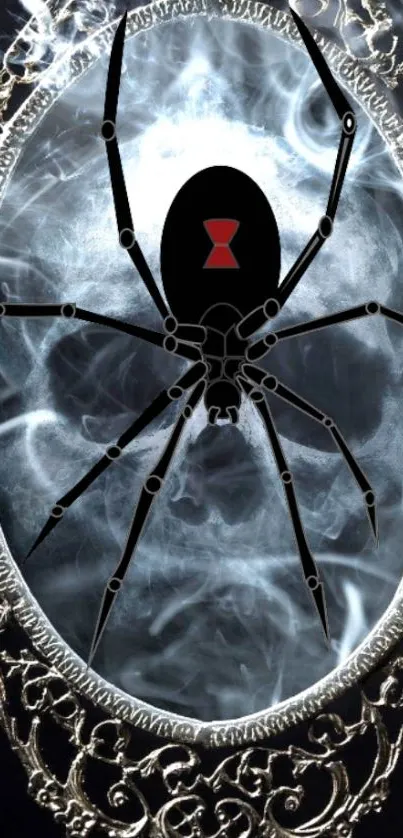 Black spider on ornate mirror with mystical background.