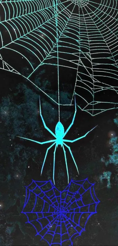 Blue spider on a mystical web in space themed art.