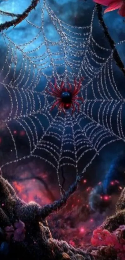 Mystical spider web in an enchanted forest.