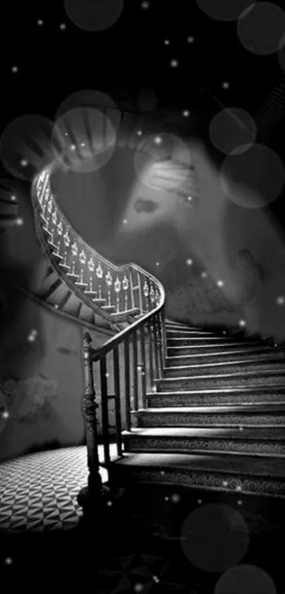 Mystical spiral staircase wallpaper with bokeh effect and elegant design.