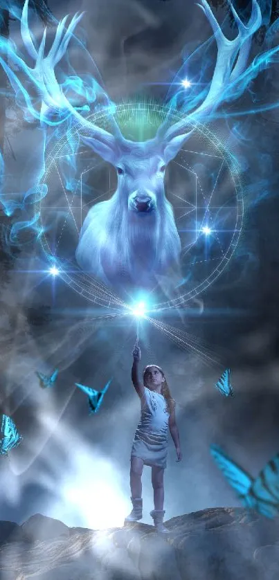 Ethereal stag with glowing antlers and blue butterflies in a mystical forest.