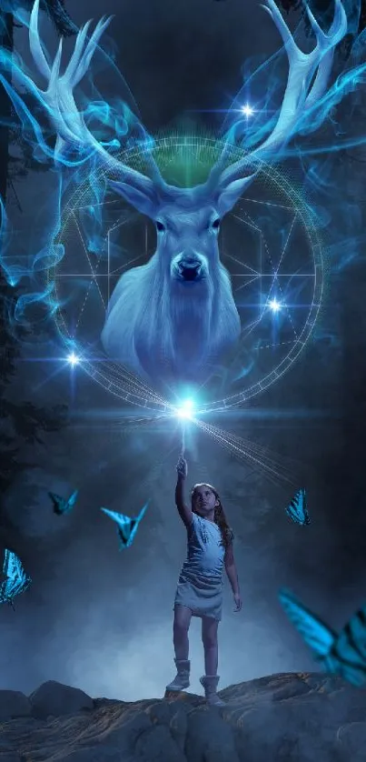 Magical wallpaper with a glowing stag and butterflies in a dark forest.