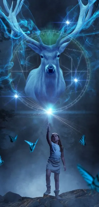 Fantasy wallpaper with blue stag, girl, and butterflies at night.