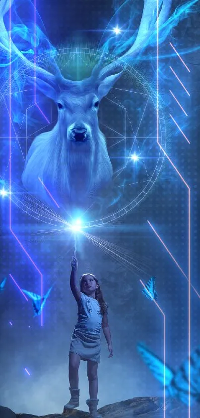 Girl reaching for glowing stag in mystical digital art.