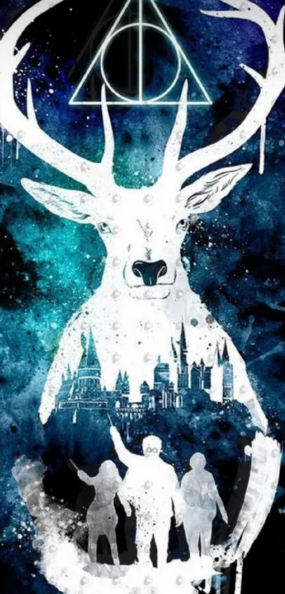 Mystical stag with glowing antlers on a deep blue fantasy background.