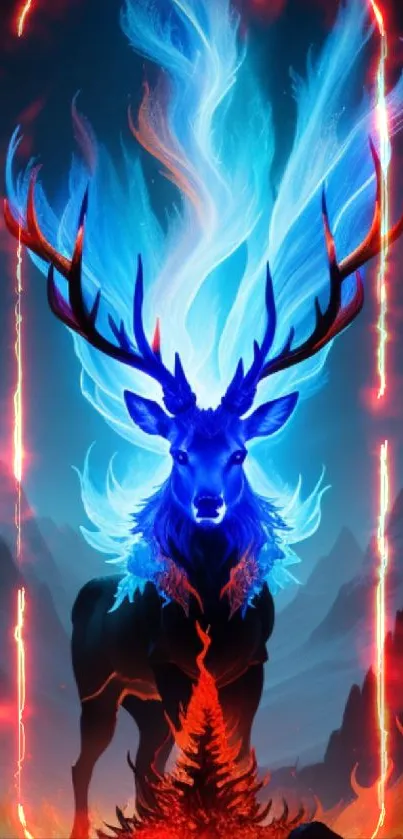Mystical stag with blue flames in a mountain landscape.