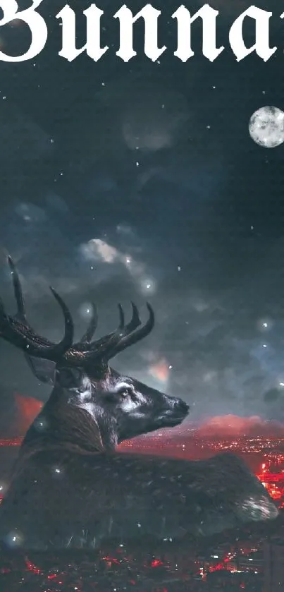 Mystical stag under a night sky illuminated by city lights and a full moon.