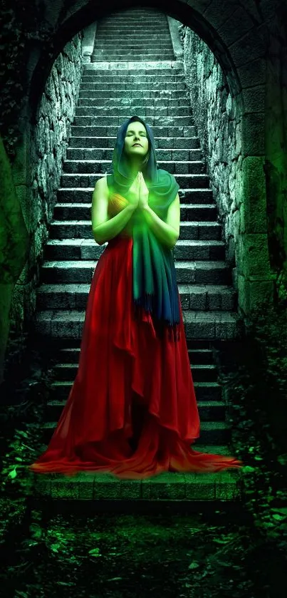 Serene woman on mystical staircase in vibrant gown with green glow.