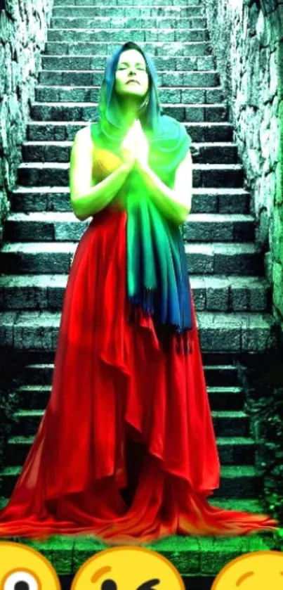 Mystical figure on stone staircase with vibrant colors in fantasy art.