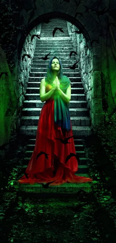 Gothic art wallpaper with woman on stairs in red dress and mystical green aura.