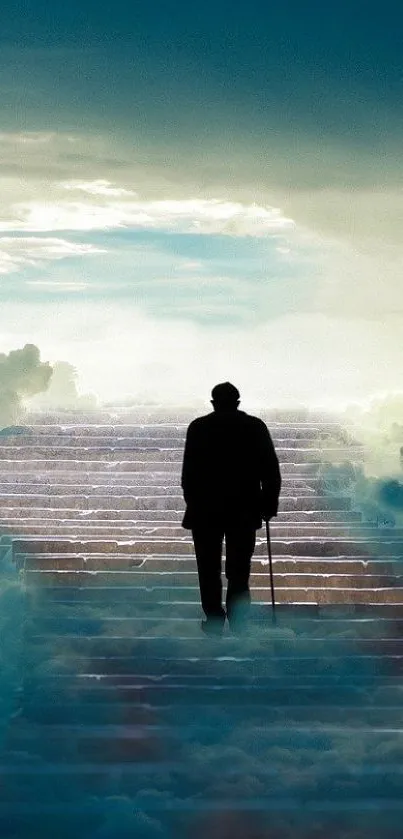 Silhouette of person ascending stairs in cloudy sky.