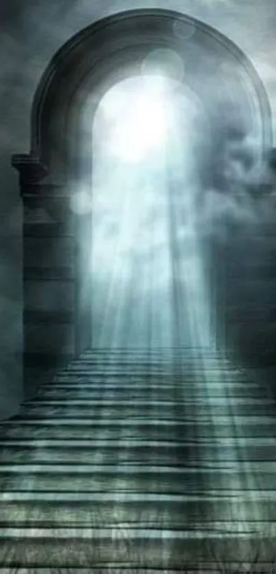 Mystical stairway with light beams and clouds.