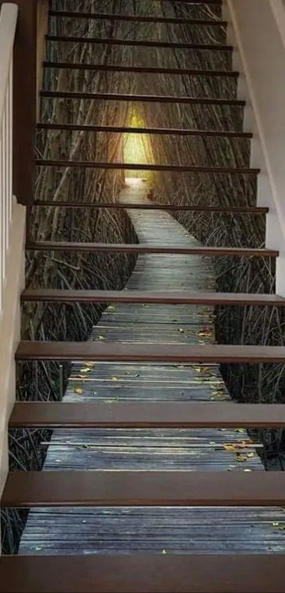 Mystical stairway path with nature tunnel and serene lighting.