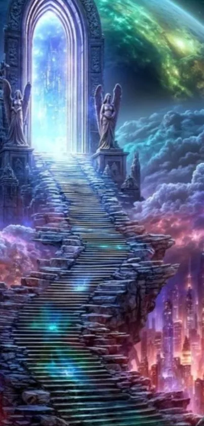 Mystical stairway leads to celestial portal with vibrant clouds.