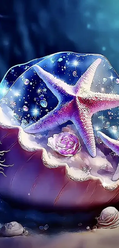 Mystical ocean scene with starfish and seashells.