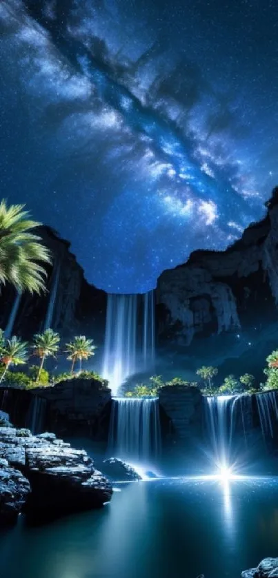 Majestic waterfall under a starry galaxy sky, with palm trees and cosmic beauty.