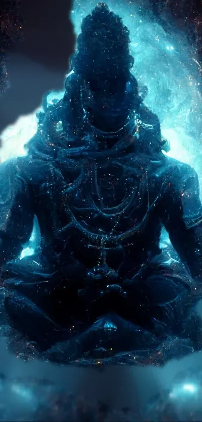 Ethereal blue statue in meditation with starlit background.