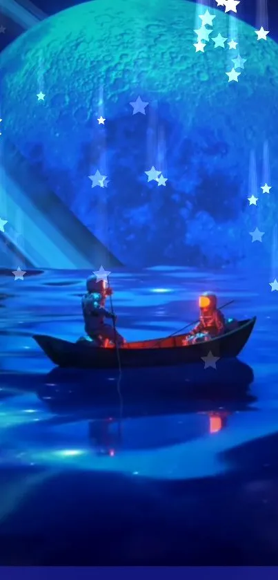 Two adventurers under stars on a boat in a cosmic-blue landscape.