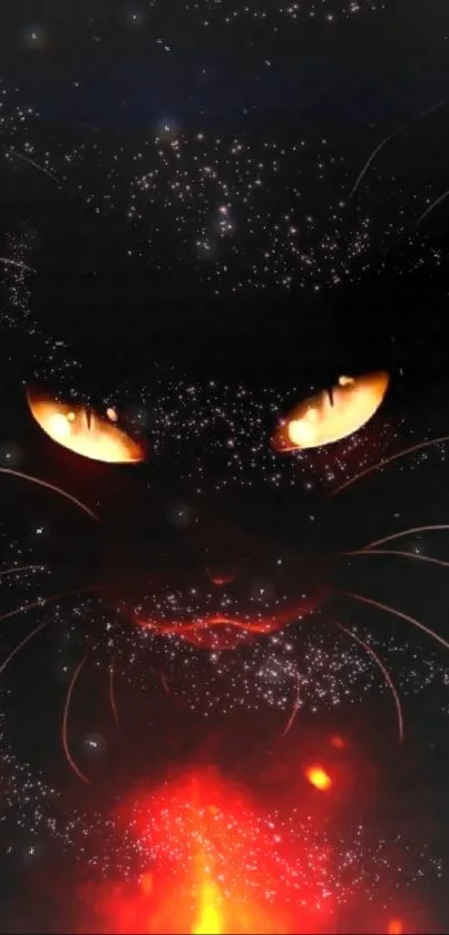 Mystical black cat with fiery eyes in a cosmic starry background.