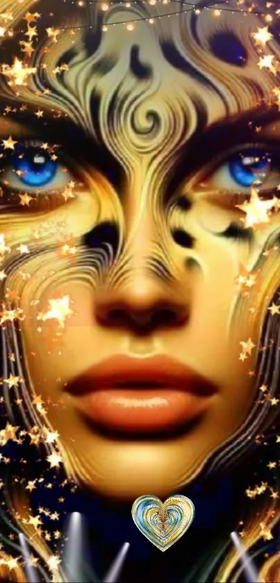 Mystical face with blue eyes and starry golden design.