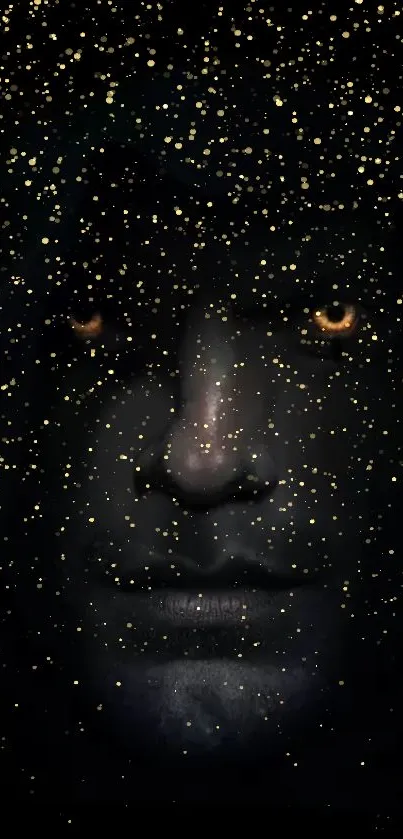 Mysterious face in starry night mobile wallpaper with golden specks.