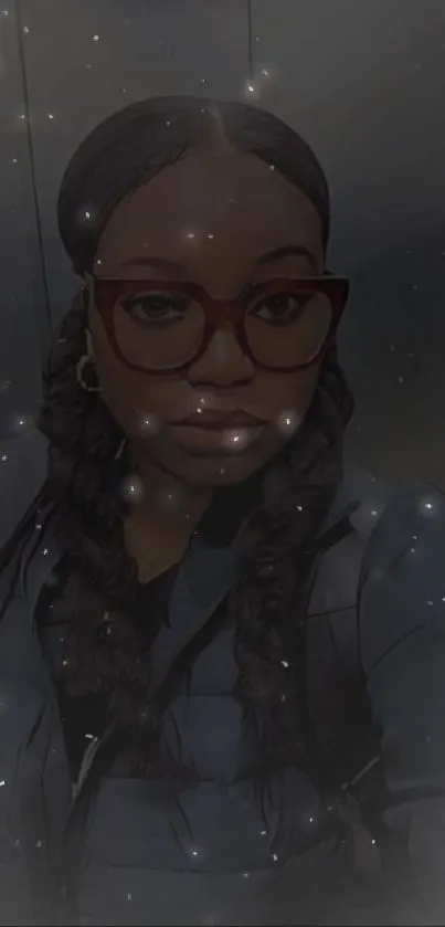 Portrait of a person with glasses in a starry, mystical background.