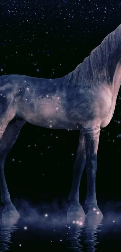 Mystical horse under a starry night sky, exuding cosmic magic.