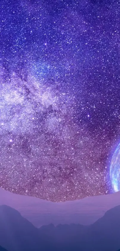 Mystical purple night sky with stars and moon as phone wallpaper.